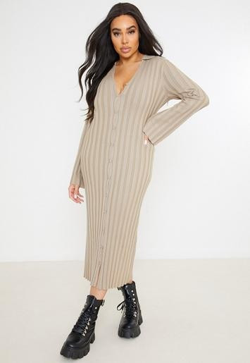 Missguided - Plus Size Stone Rib V Neck Collared Midaxi Dress | Missguided (US & CA)