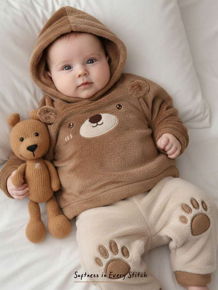 Cozy Pixies 2pcs Baby Boy Cartoon Bear Pattern Thermal Lined Crew Neck Long Sleeve Sweatshirt And... | SHEIN