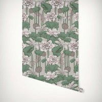 Grey Pink Green Lotus Blossom Wallpaper Waterlily, Lily Pad, Dragonfly, Carp Mural Luxury Paste-The-Wall Or Peel & Stick | Etsy (US)