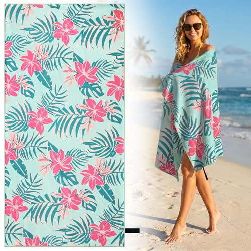 Oversized Beach Towel for Women Adults, 35x72" Large Sand-resist Beach Towel, Absorbent Compact Towel with Light Teal Pink Floral Double Sided Printed Design, Quick-dry Beach Towel for Pool Travel | Amazon (US)