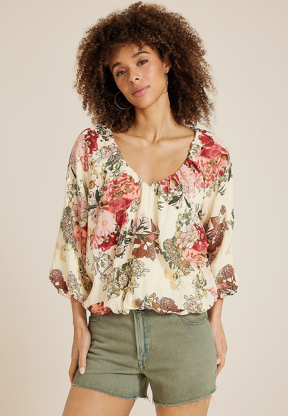 Floral Bubble Hem Blouse | Maurices