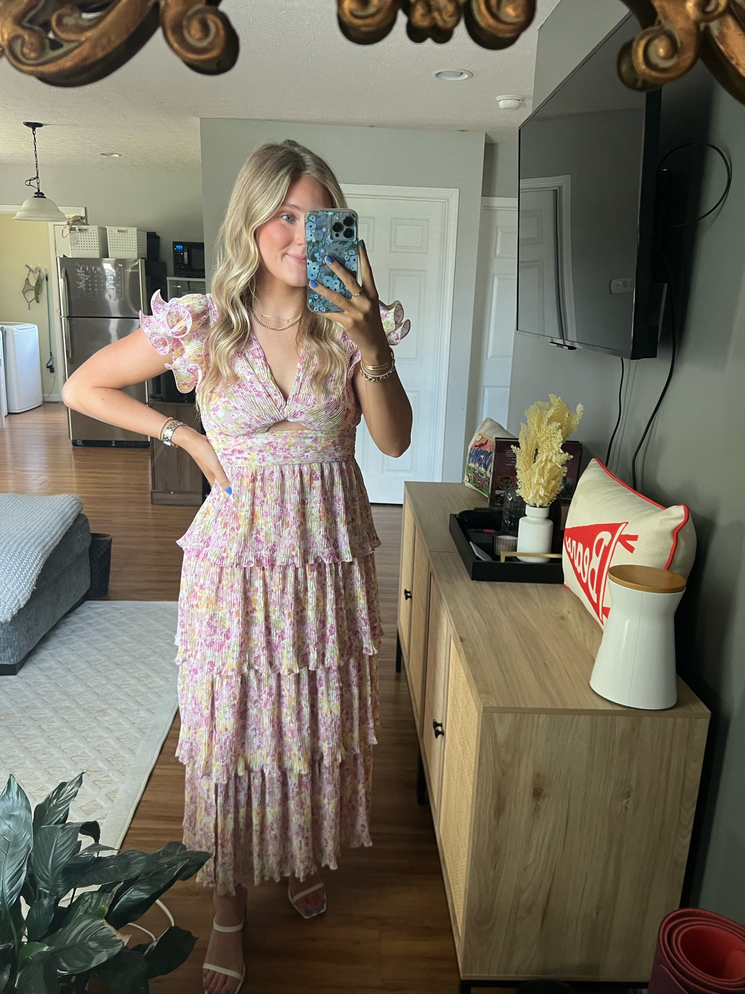 emporia floral pleated tiered midi dress ASTR Emporia Floral Pleated Tiered Midi Dress In Lavender Blue Floral