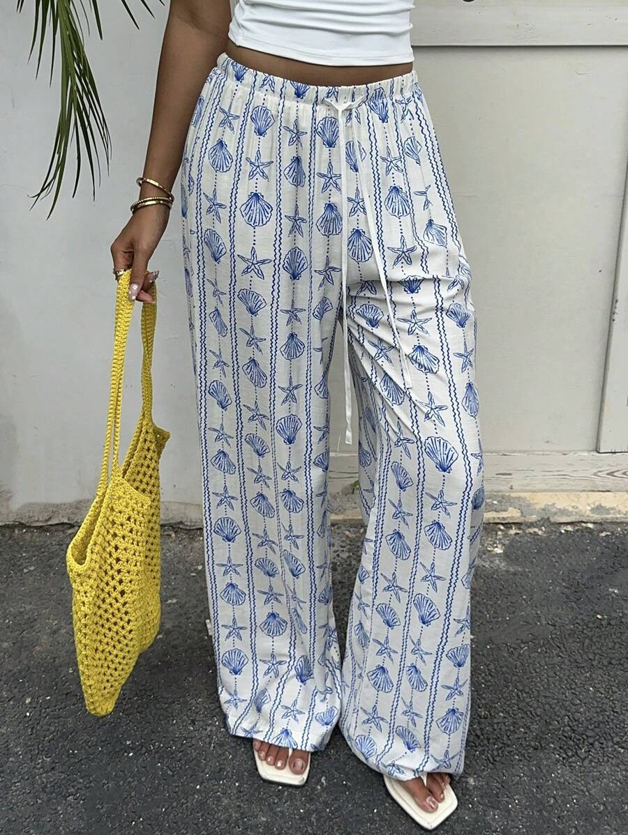 Aloruh Women's Vacation Seaside Casual Elegant Shells And Starfish Stripes Pattern Low Waist Stri... | SHEIN