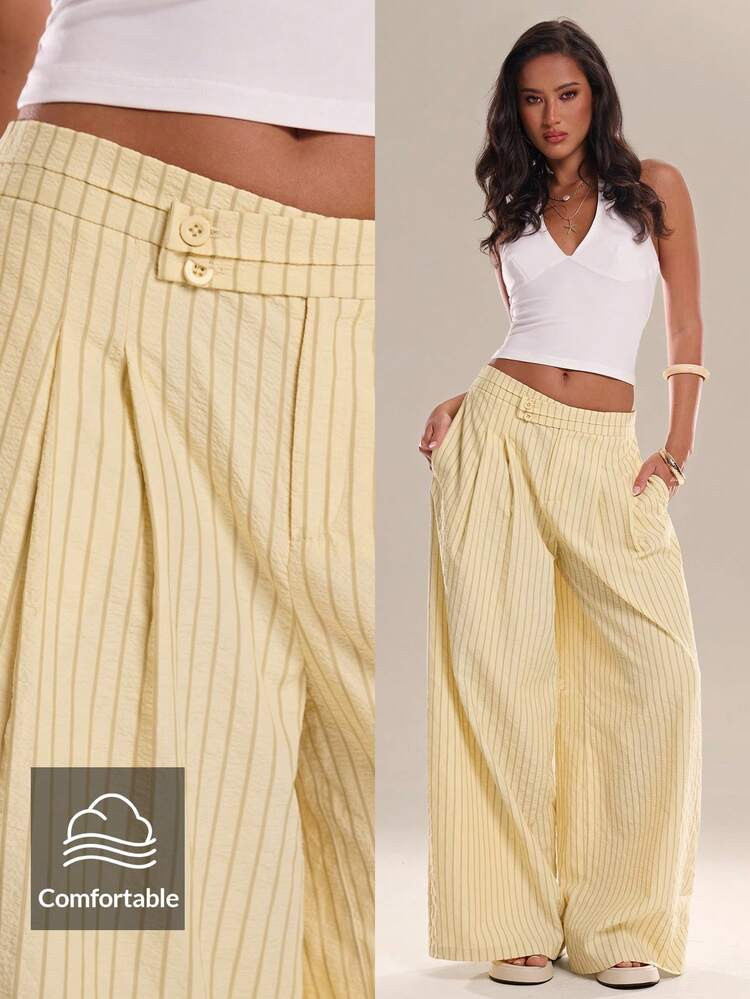 Avantive Soft Yellow Summer Chic Vacation Holiday Women's Striped Irregular Waist Loose Pants, Ca... | SHEIN