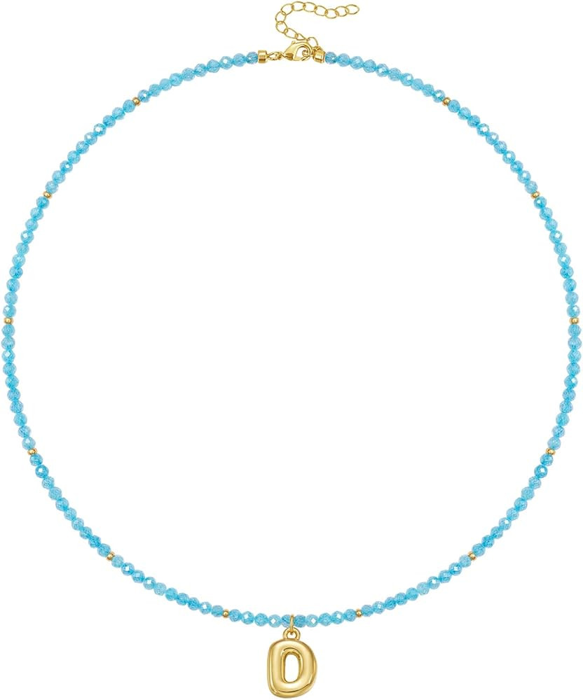 KissYan Beaded Initial Necklace, 14K Gold Plated Bubble Letter Pendant Rainbow Gemstone Choker Co... | Amazon (US)