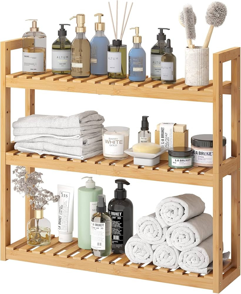 FILWH Bathroom Shelf Bamboo Organizer Rack Adjustable 3-Tier Storage Shelf Wall Mounted Storage R... | Amazon (US)