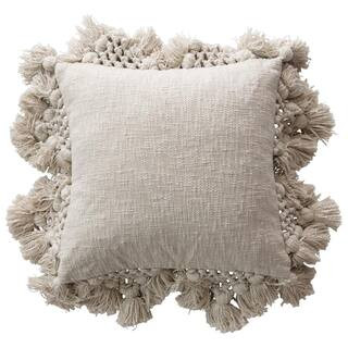 3R Studios 18 in. x 18 in. Cream Square Crochet and Tassels Cotton Slub Pillow DF3598 - The Home ... | The Home Depot