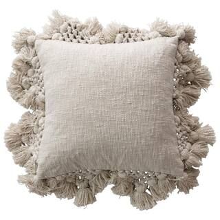 3R Studios 18 in. x 18 in. Cream Square Crochet and Tassels Cotton Slub Pillow DF3598 | The Home Depot