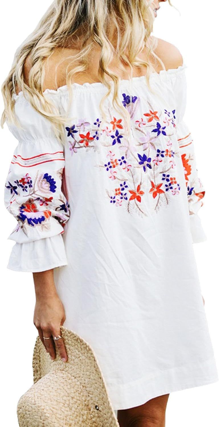 R.Vivimos Womens Floral Embroidered Off Shoulder Long Sleeve Short Dresses | Amazon (US)