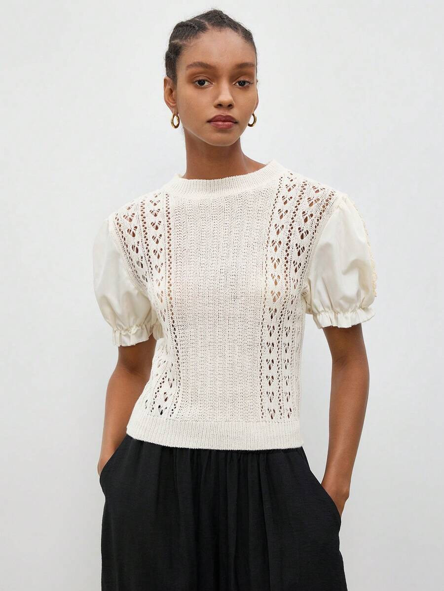 LocalMaija Off-White Plain Knit Crop Top For Women Casual Elegant French Style Semi Sheer Stand C... | SHEIN