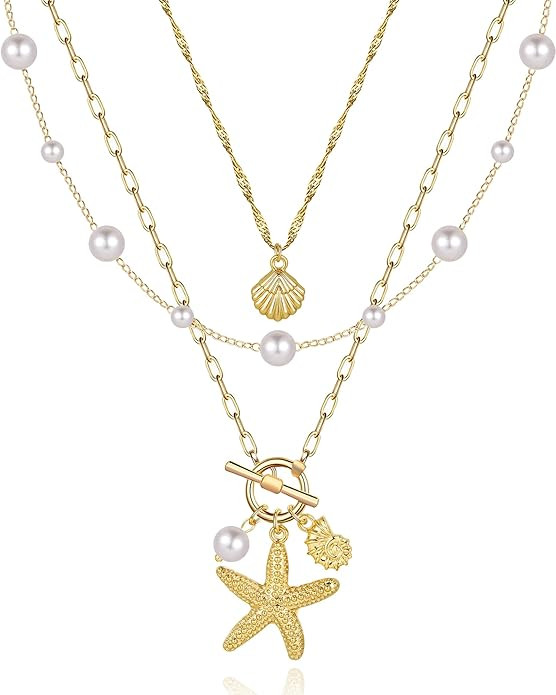 Amazon.com: MJartoria Shell Necklace for Women, Layered Starfish SeaShell Pearl Pendant Charm Nec... | Amazon (US)