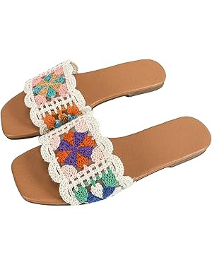 Verdusa Women's Crochet Flat Sandals Square Open Toe Slide Colorblock Trim Sandal | Amazon (US)