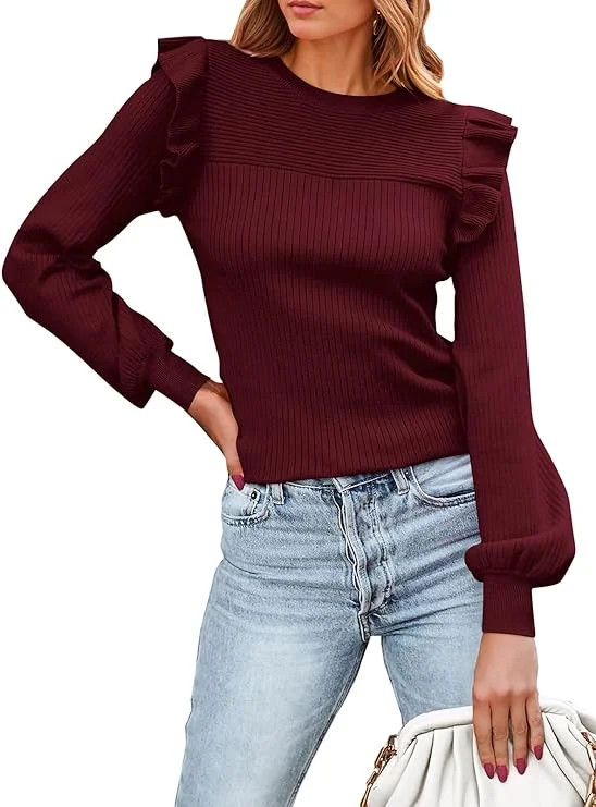 PRETTYGARDEN Women's Ruffle Long Sleeve Sweaters Crew Neck Lightweight Sweater Fall Trendy Ribbed... | Walmart (US)