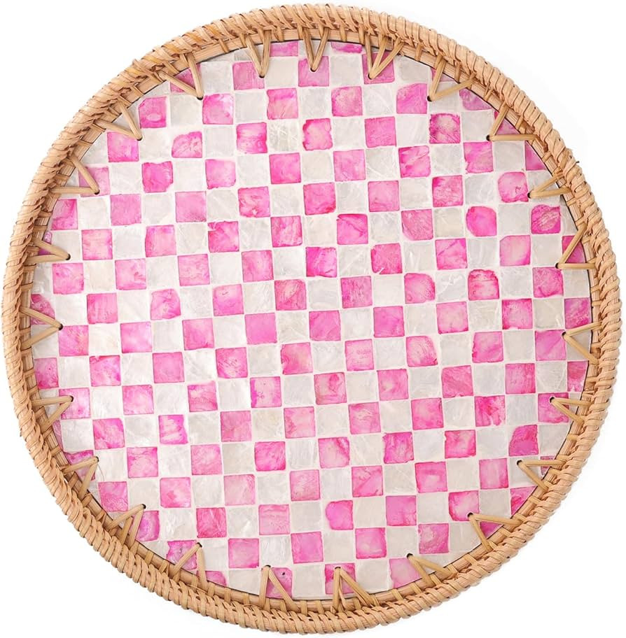 Round Rattan Tray with Mother of Pearl Inlay, Rattan Serving Tray for Coffee, Bread, Fruits, Deco... | Amazon (US)