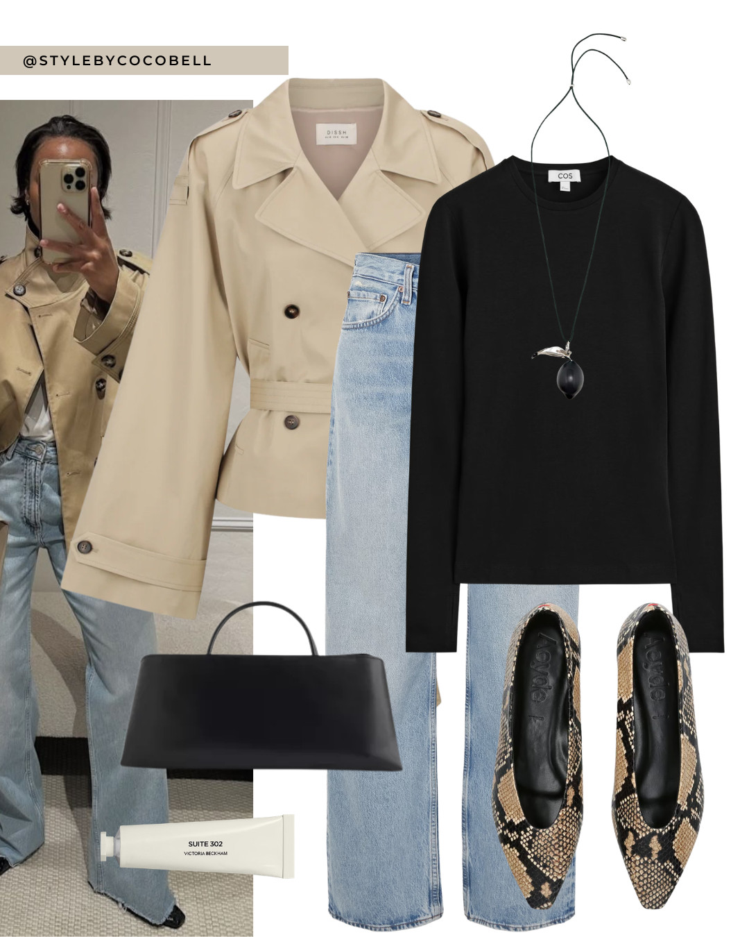beige short trench jacket, classic trench coat, black knit sweater, COS sweater, light wash straight leg jeans, relaxed denim, snake print flats, pointed flats, black structured handbag, minimal shoulder bag, statement pendant necklace, elevated basics, neutral spring outfit, timeless capsule wardrobe, parisian inspired look, effortless chic, everyday polished outfit 

 

#LTKspring