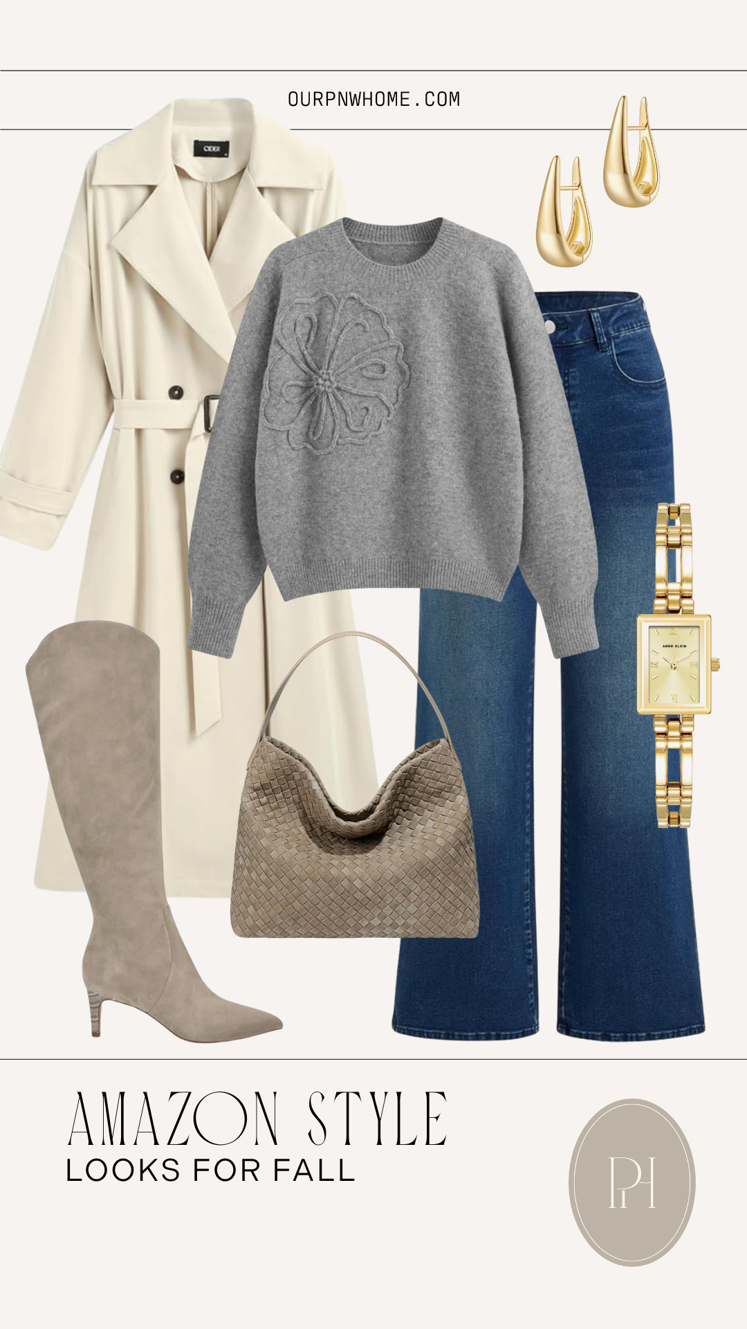 Latest Amazon fashion favorites for fall!

Fall fashion, fall outfit, fall look, fall style, dark wash denim, flared denim, white trench coat, gray sweater, floral sweater, fall sweater, gray boots, knee high boots, high heeled boots, taupe handbag, tote purse, gold watch, gold earrings, crewneck sweater 

 #LTKStyleTip #LTKShoeCrush #LTKItBag