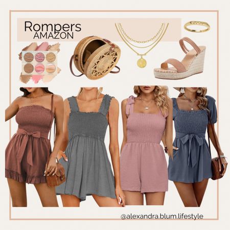 Comfy rompers for vacation outfits! Spring outfits! Straw round purse and handbag, wedge sandals, makeup, layered gold necklace, ring! Amazon fashion! Amazon finds! Summer outfit! 

#LTKFindsUnder100 #LTKSeasonal #LTKFindsUnder50