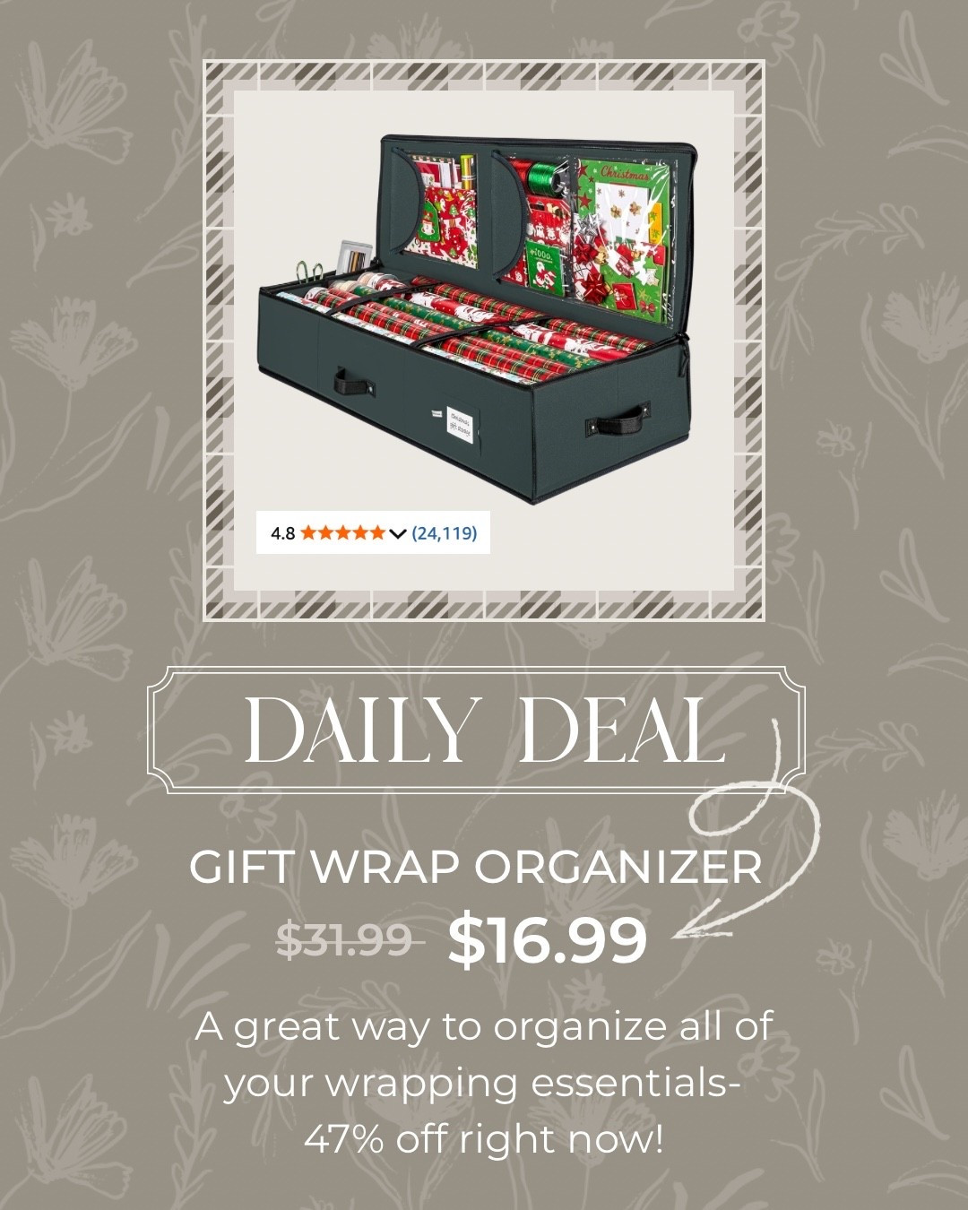 Daily deal- this best selling Amazon gift wrap organizer is on sale for $16.99!  A great way to organize all your wrapping essentials!

#LTKHoliday #LTKSaleAlert #LTKFindsUnder50
