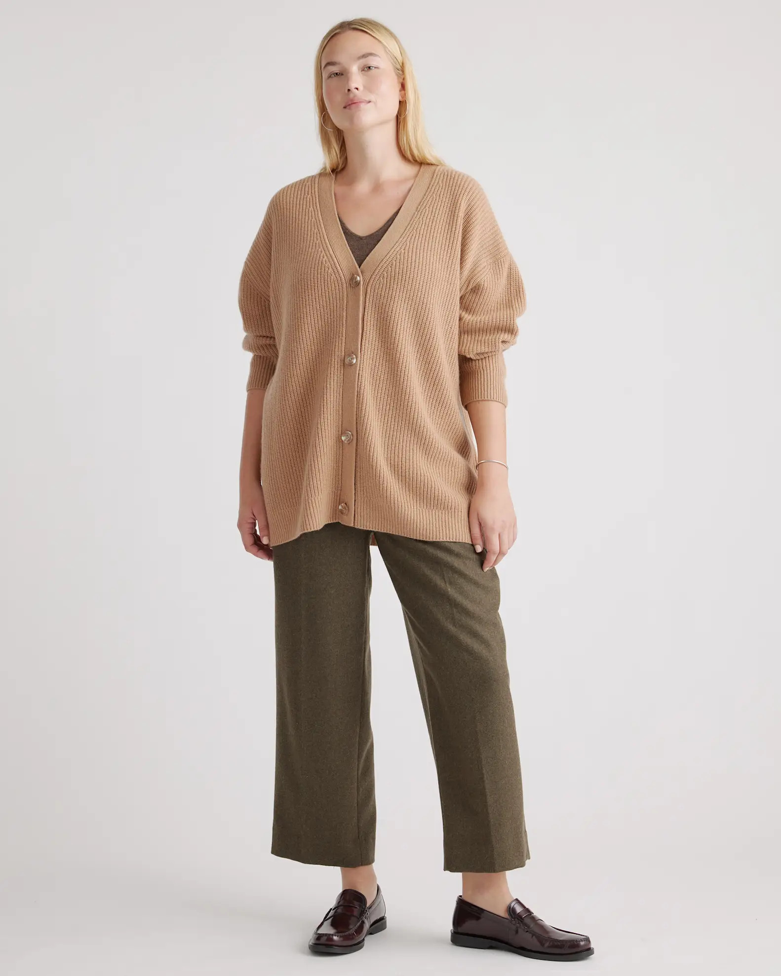 Mongolian Spring Cashmere Oversized Boyfriend Cardigan Sweater in Camel | Quince