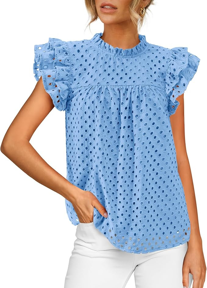 BTFBM Casual Summer Tops for Women 2026 Short Ruffle Sleeves Shirts Crew Neck Hollow Out Lace Emb... | Amazon (US)