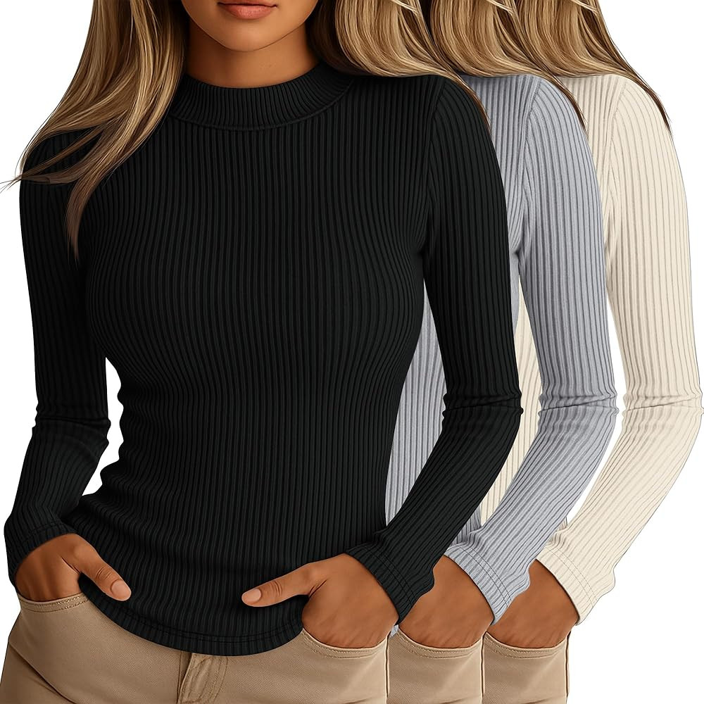 Riyiper 3 Pack Women's Ribbed Shirts, Mock Turtleneck Long Sleeve Tops Slim Fitted Undershirts Ca... | Amazon (US)