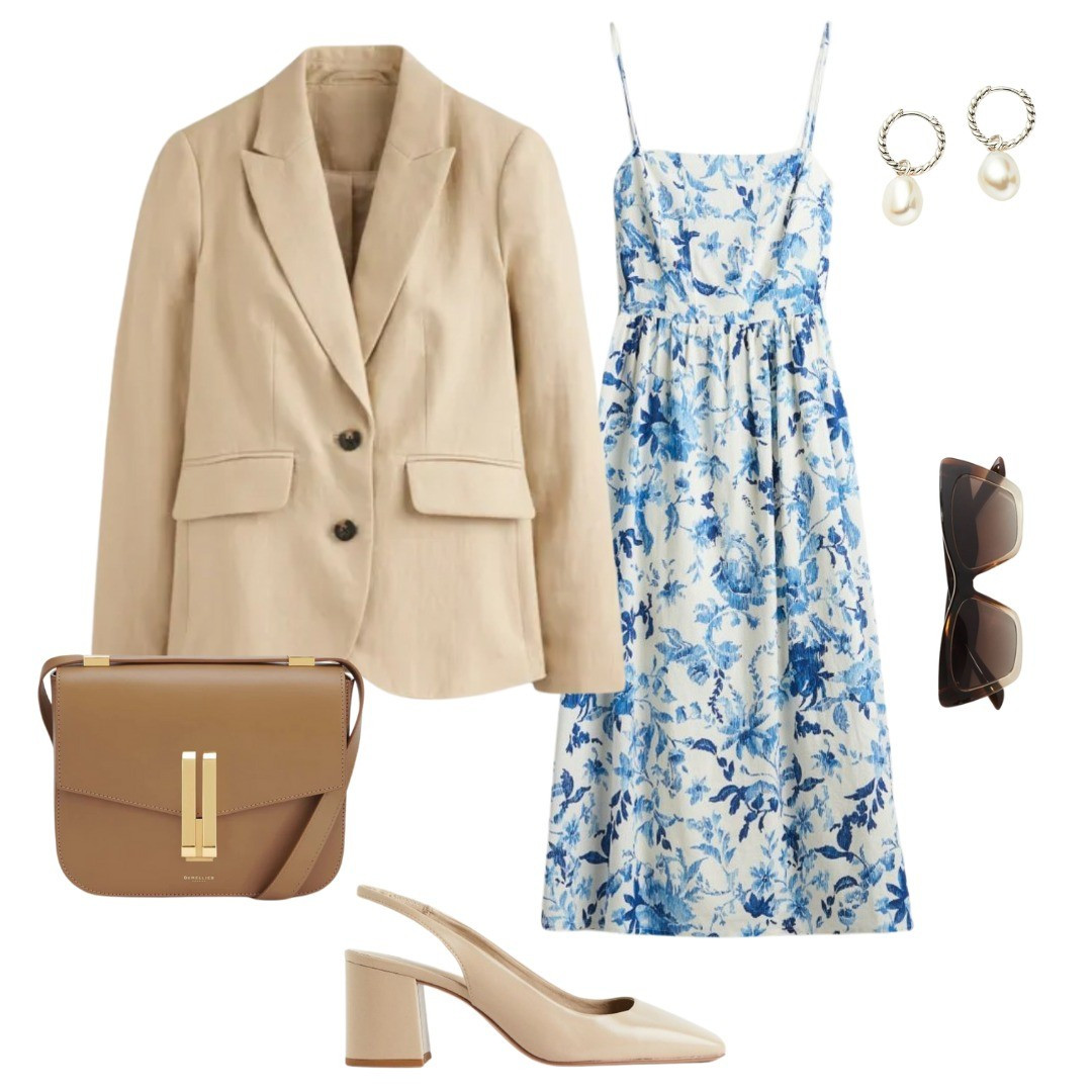 Spring dress, neutral blazer, beige blazer, neutral slingbacks, beige slingbacks, designer bag, Demellier, H&M, Mango, linen dress, floral dress

#LTKfindsunder50 #LTKstyletip #LTKworkwear