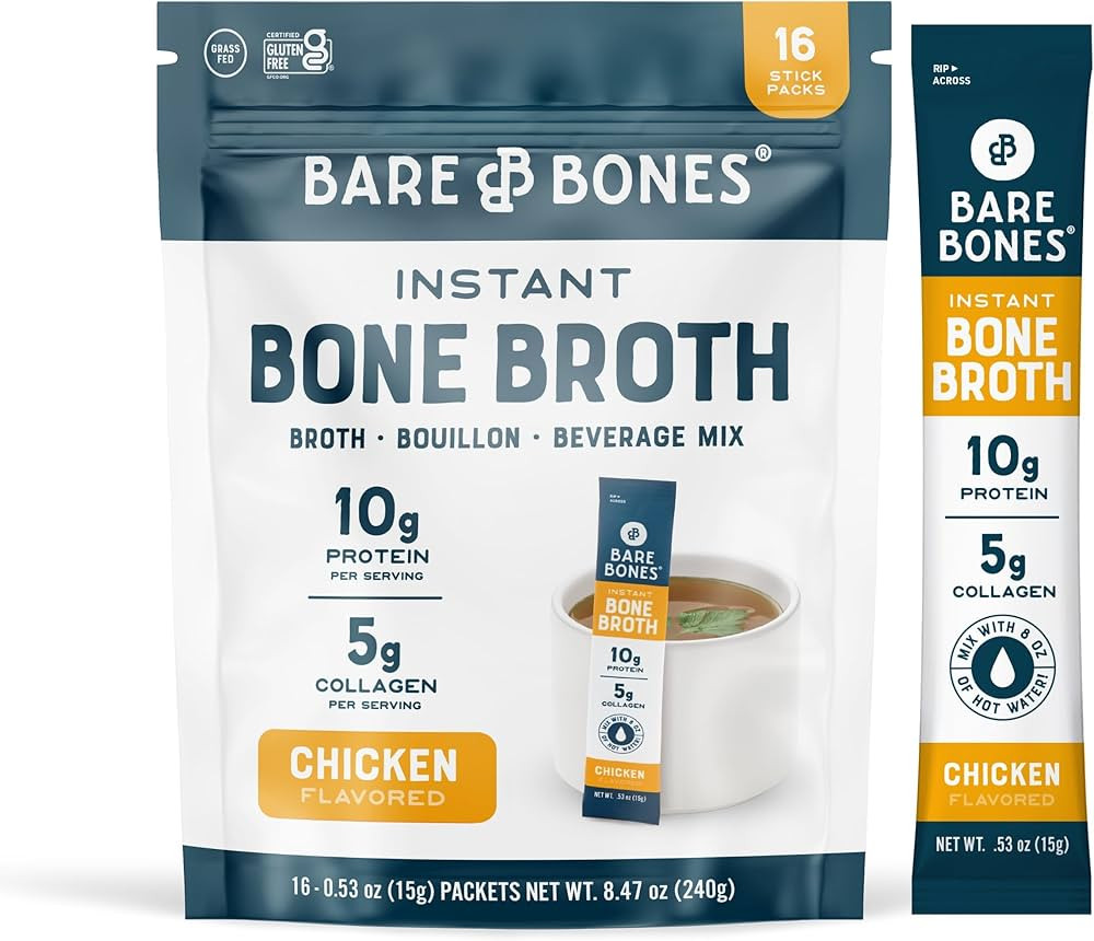 Bare Bones Bone Broth Instant Powdered Beverage Mix, Chicken, Pack of 16, 15g Sticks, 10g Protein... | Amazon (US)