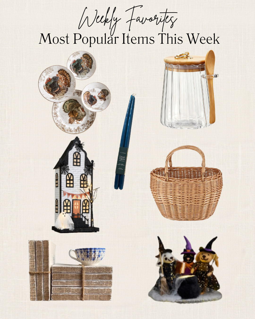 Weekly favorites are in!  We've got some repeats from last week and some new items too!  Several Halloween/Fall items made the list.

This week we have:
 
Set of Turkey Plates
Halloween Village Pieces
Cute Halloween Decor
Taper Candles
Glass Candy Jar
Top Handle Wicker Storage Basket
Faux Books for Shelf Decor

#LTKSeasonal #LTKHome