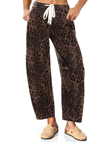 Vetinee Pull On Jeans Barrel Leg Jeans Women Wide Leg Pants Leopard Print Barrel Pants Brown Leopard Small | Amazon (US)