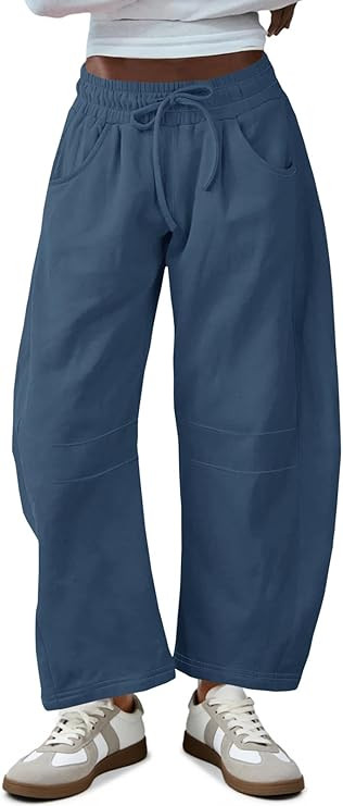 Fisoew Womens Barrel Leg Sweatpant Drawstring Elastic Waisted Wide Leg Pants Casual Active Pants ... | Amazon (US)