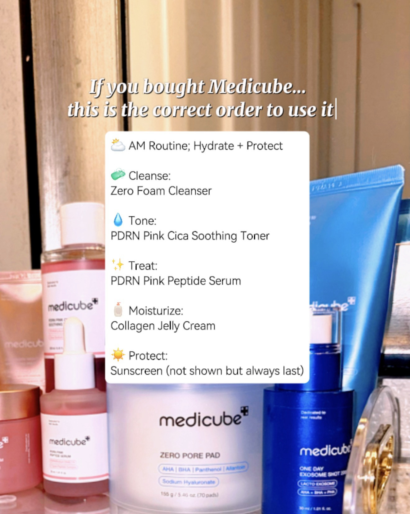 If you’ve ever bought multiple products and then stood in front of the mirror wondering what goes first… this is for you. 💙 I finally organized my routine using my favorite products from Medicube and the difference is applying them in the right order.

Skincare works best when you layer from thinnest to thickest, letting each step absorb so your skin can actually benefit from the ingredients.

My routine right now includes:
• Zero Foam Cleanser
• Zero Pore Pads
• PDRN Pink Cica Soothing Toner
• PDRN Pink Peptide Serum
• One Day Exosome Shot
• Collagen Jelly Cream
• Collagen Night Wrapping Mask

Morning is all about hydration and protection, while nighttime focuses more on repair, glow, and deeper treatments. Once I started following the correct order, my skin felt smoother, more hydrated, and honestly just looked healthier.

If you’re using these products or planning to try them, save this routine so you don’t forget the order next time you’re doing your skincare. Your future skin will thank you. ✨

#LTKselfcare #LTKBeauty #LTKgrwm