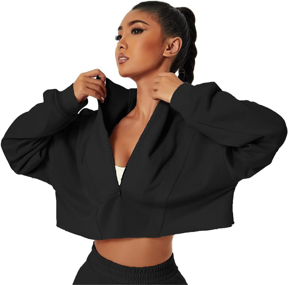 HerGymClothing Womens Cropped Sweatshirt Long Sleeve Half Zip Loose Workout Crop Athletic Jacket | Amazon (US)