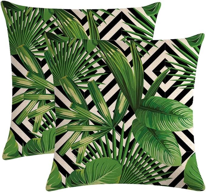 2Pack Tropical Green Leaves Throw Pillow Cover with Geometric Background Home Decorative Square C... | Amazon (US)