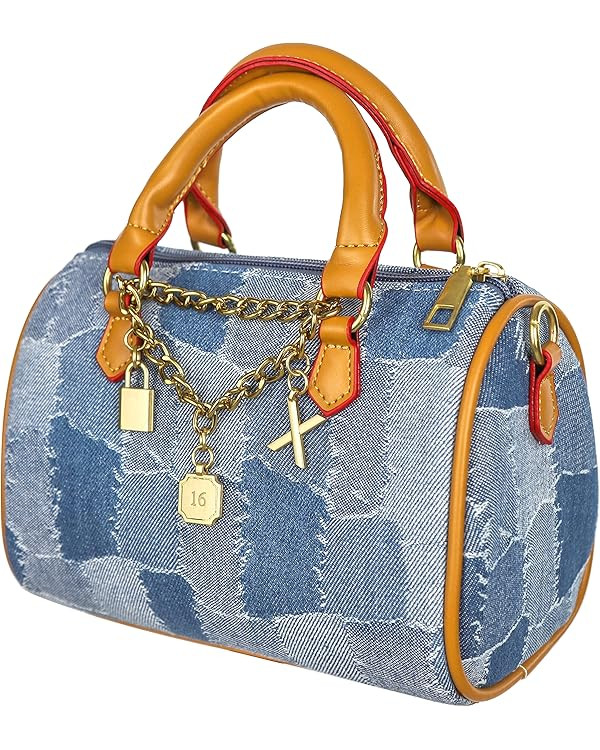 Mini Small Denim Purse Jean Boston Barrel Bags Quilted Checkered Top Handle Canvas Tote Crossbody... | Amazon (US)