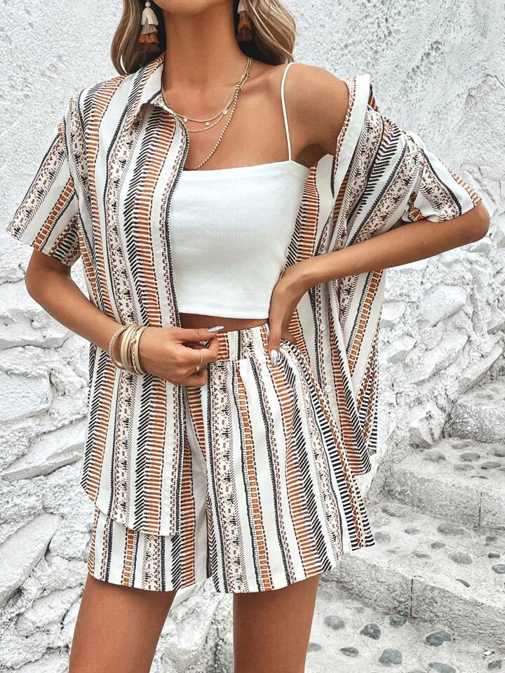 SHEIN VCAY Geo Print Drop Shoulder Shirt & Shorts Without Cami
         ExclusiveGBP£12.32GBP£1... | SHEIN