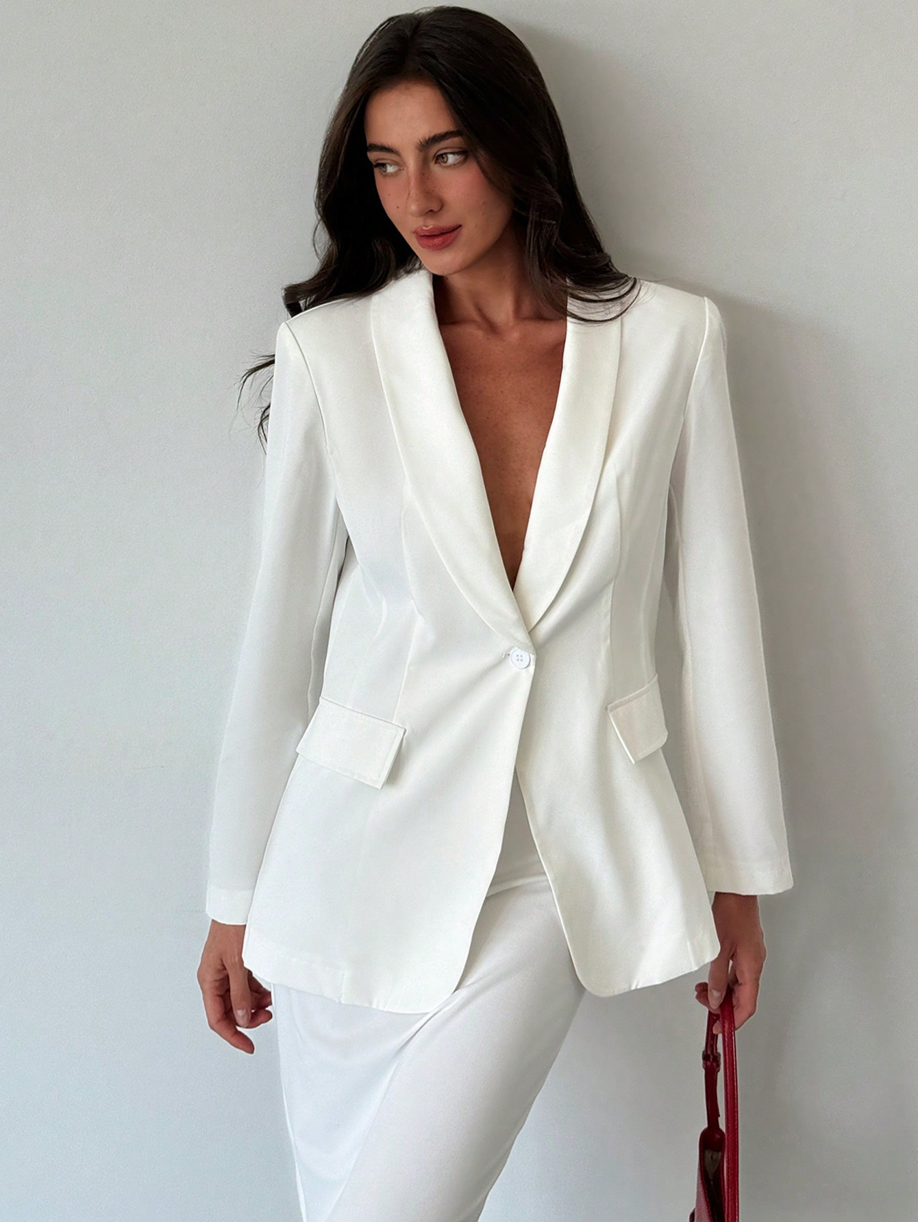 Aloruh Chaqueta de traje con hombreras minimalista blanca para atuendos casuales y de otoño de m... | SHEIN