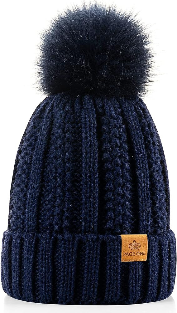 PAGE ONE Womens Winter Thick Cable Knit Beanie Faux Fur Pom Hat Fleece Lined Skull Cap | Amazon (US)