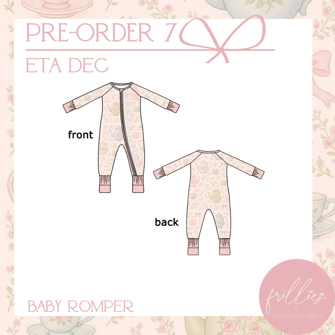 PREORDER 7 ETA EARLY DEC: Teatime Treasures Baby Romper | Flourish in Frills