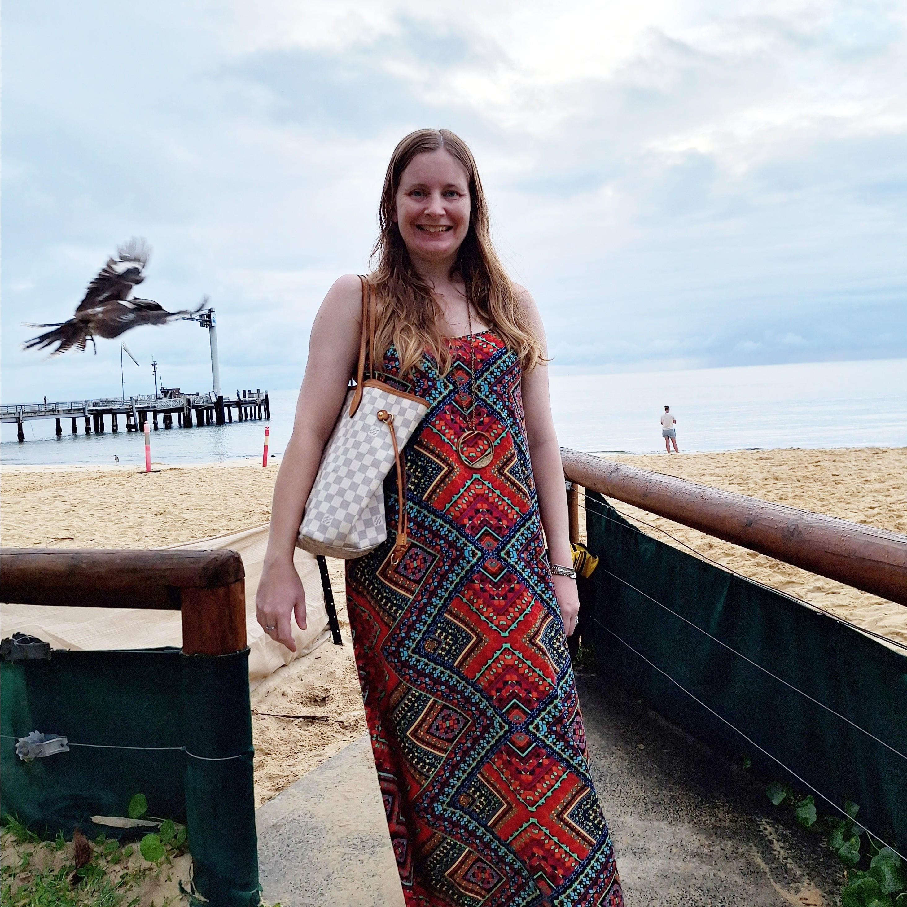 Wanted a photo with this friendly kookaburra but it had other plans 😂 Thrifted geometric print maxi dress and my Louis Vuitton damier azur neverfull tote bag for dinner out during our beach holiday.

#LTKaustralia #LTKitbag