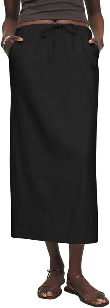 IDEALSANXUN Womens Cotton Linen Skirts Trendy Elastic Waist Drawstring Long Skirts with Slit | Amazon (US)