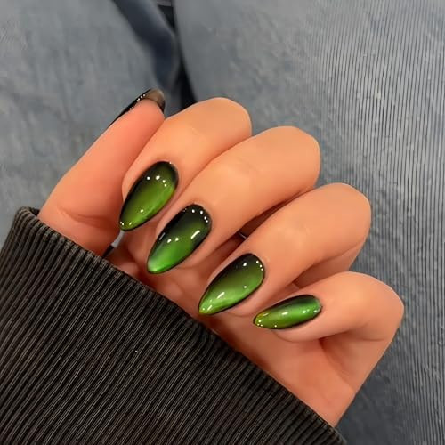 KQueenest Neon Green Cat Eye Press on Nails Almond, 30 Pcs Glitter Fake Nails Medium Stiletto, Bright Vibrant Lime Green Black Nails Press ons, Gothic Shiny Bling Stick on Nails for Women Halloween | Amazon (US)