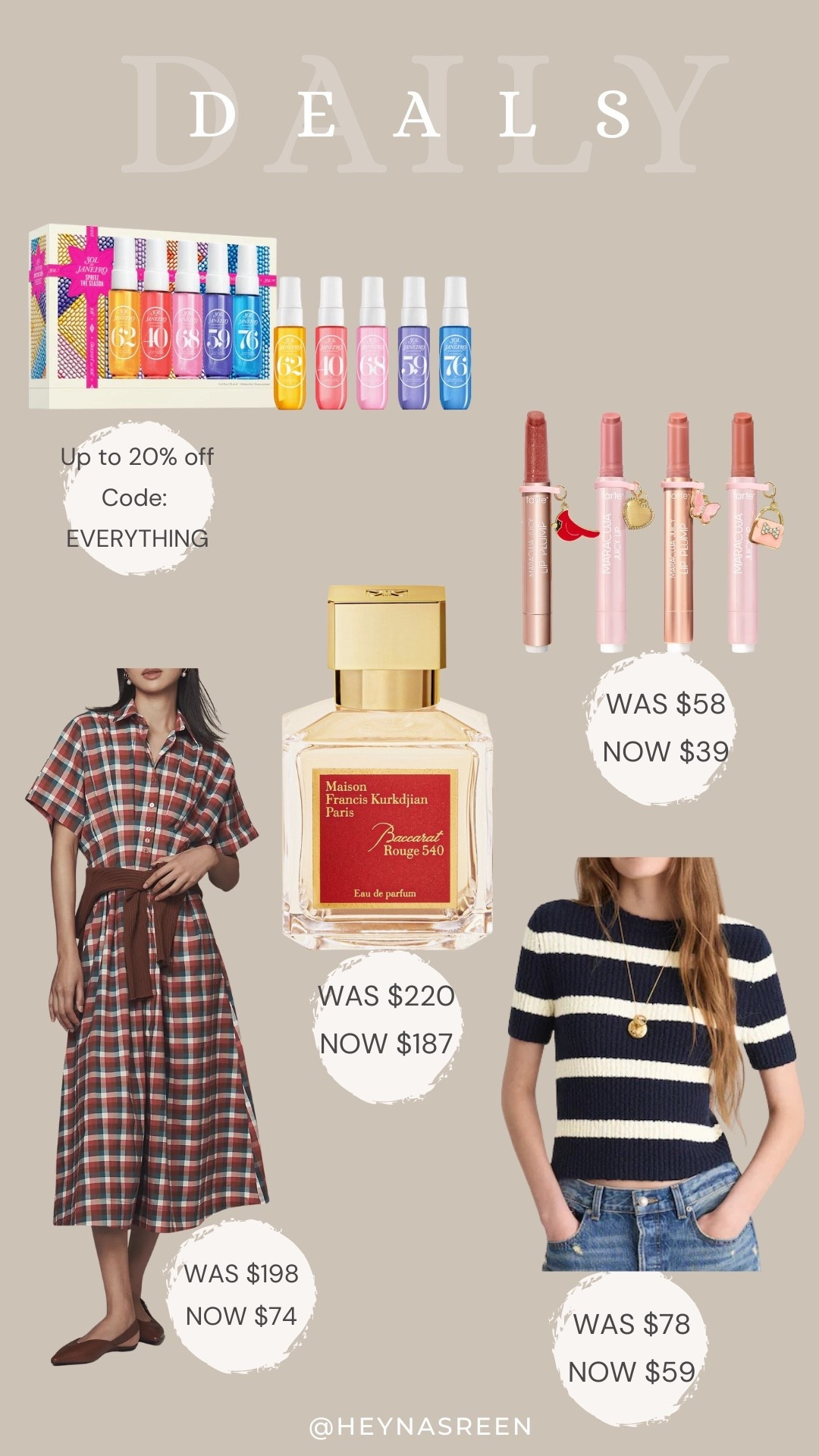 Daily deals on Sol De Janeiro perfume gift set, Tarte maracuja juicy lip gift set with charms, Baccarat Rouge perfume, Madewell sweater, Anthropologie dress 