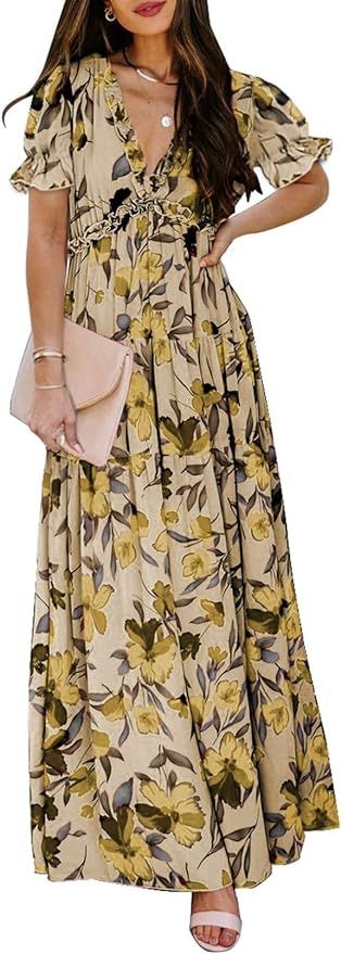 BLENCOT Womens Casual Short Sleeve Boho Floral Printed V Neck Long Dress Ruched Cocktail Party Ma... | Amazon (US)