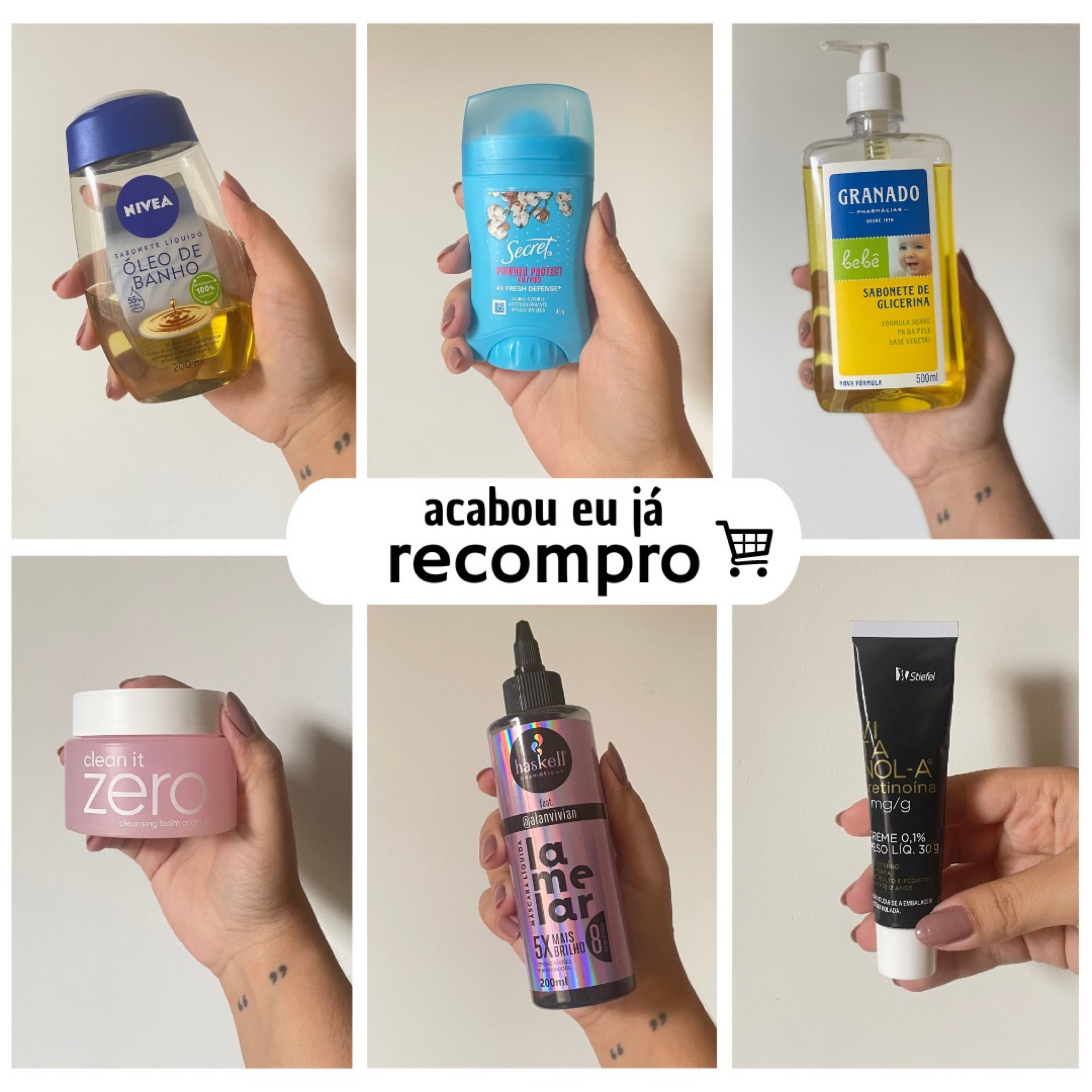 Produtos que antes mesmo de acabar, eu já corri pra recomprar.

* Óleo de Banho Nívea: Sabe aquele grude de desodorante difícil de tirar? Pois é, eis aqui um desincrustante, remove tudoooo.

* Desodorante em Barra Secret: Esse já deve ser o meu 5º frasco, inibe minha sudorese, segura a transpiração e o odor sem manchar as roupas. Sem falar que eu sou apaixonada nessa fragrância.

* Sabonete de Glicerina Granado: Sensação de alma lavada, limpeza profunda e um banho refrescante. Tenho dermatite atópica e ele não resseca a pele, é sensacional! Por ter Ph neutro pode ser usado nas áreas íntimas 🌸 

* Cleansing Balm Banila Co: esse aqui derrete a make a prova d’água sem nenhuma dificuldade, remove até mesmo os cravinhos, é só fazer double cleansing.

* Máscara Líquida Lamelar: prática e eficiente, em 8 segundos reconstrói o cabelo super.

* Vitanol A - tretinoína: Não fico mais sem, esse é o melhor ácido retinóico para quem quer reduzir rugas/linhas de expressão, manchas, acne e oleosidade, e a melhor parte é que é acessível rende bastante, lembrando que  apesar de não precisar de receita médica é importante ter o aconselhamento de um dermatologista, já que exige cuidados com hidratação e proteção solar, visto que seu uso inadequado pode causar queimaduras/irritações.

Qual é o seu produto preferido que quando está acabando você já corre pra recomprar?

#LTKbrasil #LTKbeauty