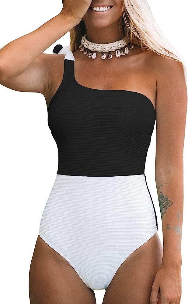 CUPSHE Women's One Piece Swimsuit Color Block One Shoulder Bowknot Bathing Suit | Amazon (US)