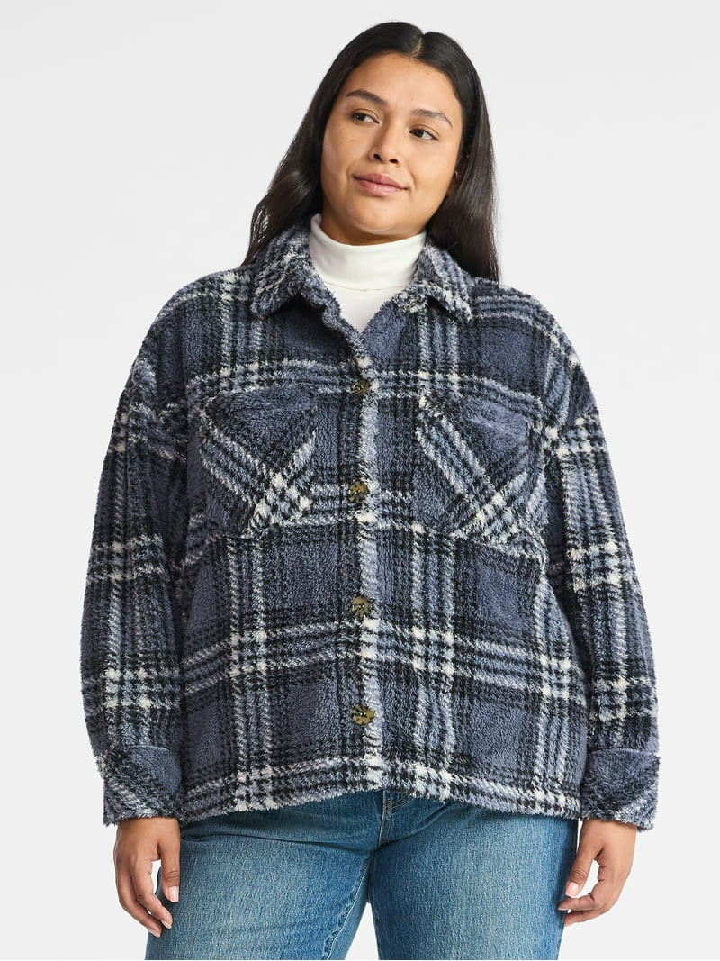 Terra & Sky Women's Plus Size Cozy Button Front Shacket with Long Sleeves, Sizes 0X-4X | Walmart (US)