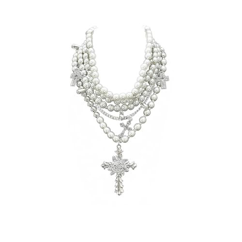 Layered Pearl Necklace Gothic Cross Pearl Stacked Necklace for Women | Amazon (US)