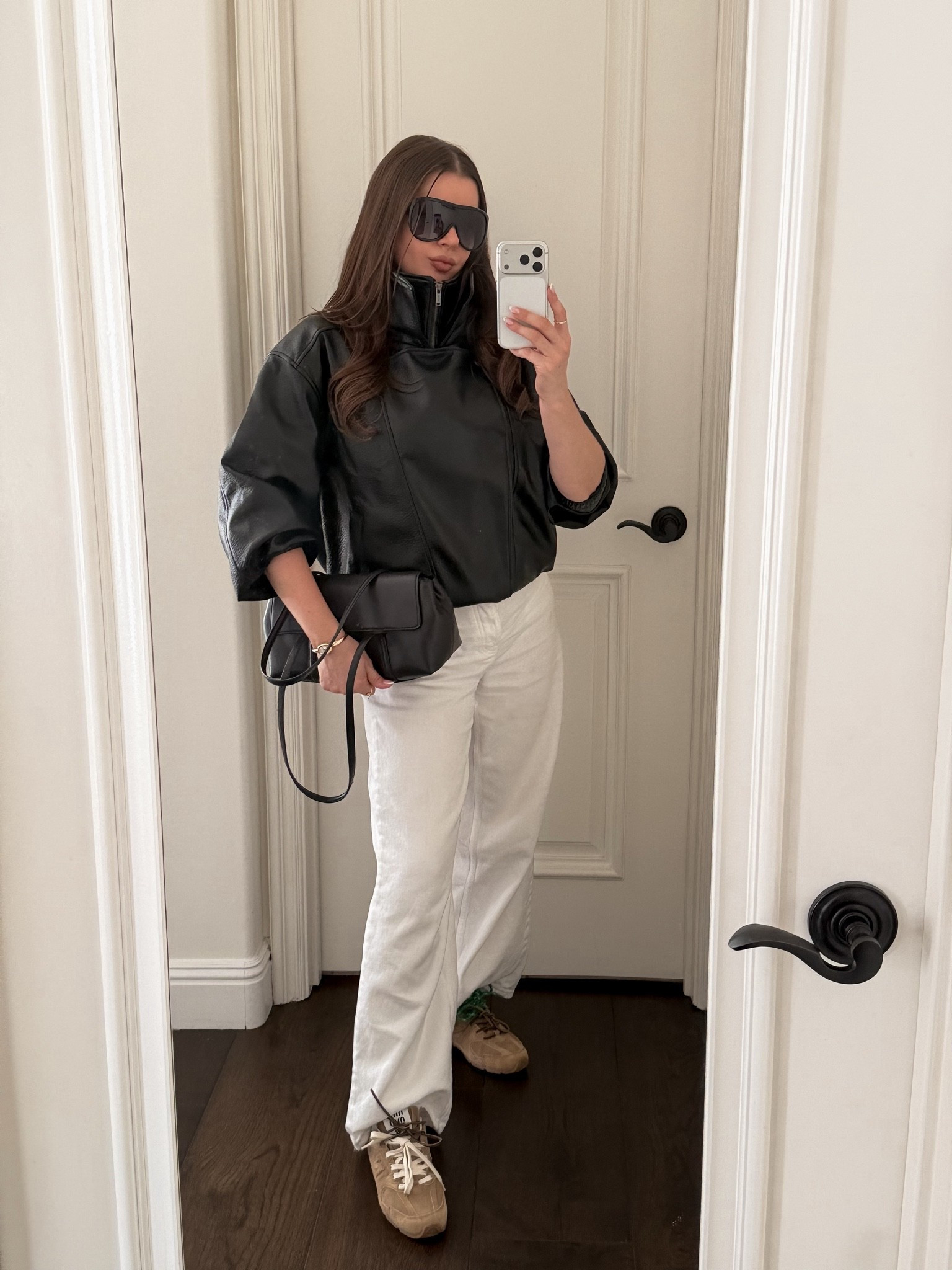 Styling @OAK + FORT  leather jacket with white wide leg denim, suede sneakers, black shoulder bag and aviator sunnies. Casual outfit for everyday in the fall. 
#leatherjacket #falljacket #jeans #falloutfit #jacket #sneakers

#LTKootd #LTKgrwm #LTKSeasonal

#LTKWorkwear #LTKOver40 #LTKPetite