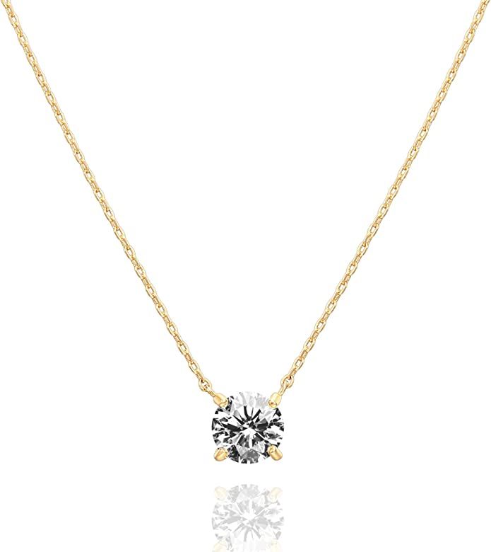 PAVOI 14K Gold Plated Crystal Solitaire 1.5 Carat (7.3mm) CZ Dainty Choker Necklace | Gold Neckla... | Amazon (US)