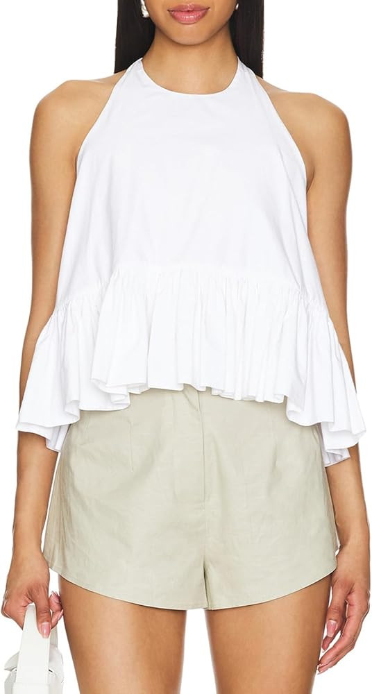 Women Y2K Halter Peplum Tank Tops V Neck Ruffled Babydoll Cami Tank Cute V Neck Backless Summer G... | Amazon (US)